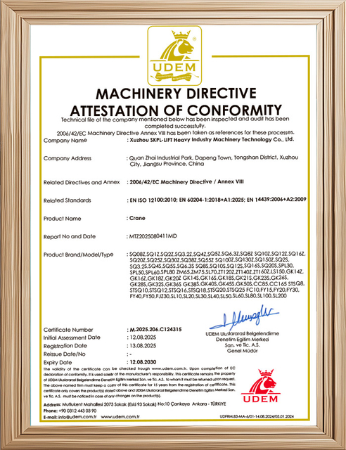 CE Machinery Directive certificate for SKPL truck mounted cranes and aerial work platforms